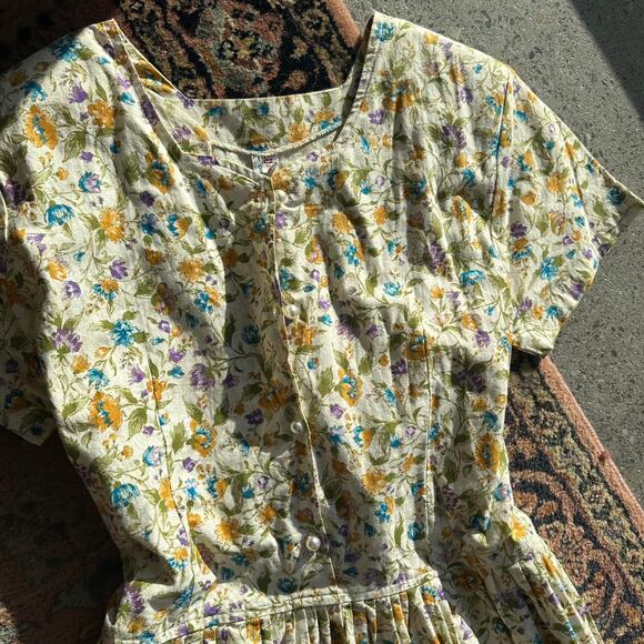 Women's Medium Dress Yellow Cotton Micro Floral Vintage Summer - Picture 4 of 5